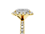 Yellow gold Emerald Halo Round Diamond Pavé Band Four-Prong Ring_8