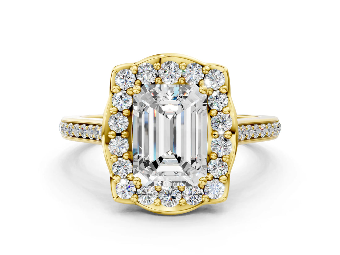 Yellow gold Emerald Halo Round Diamond Pave Band with Four-Prong Setting_38