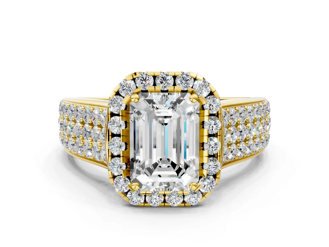 Yellow gold Emerald Halo Round Diamond Pave Band with Prong Setting
