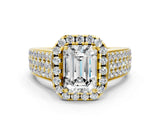 Yellow gold Emerald Halo Round Diamond Pave Band with Prong Setting