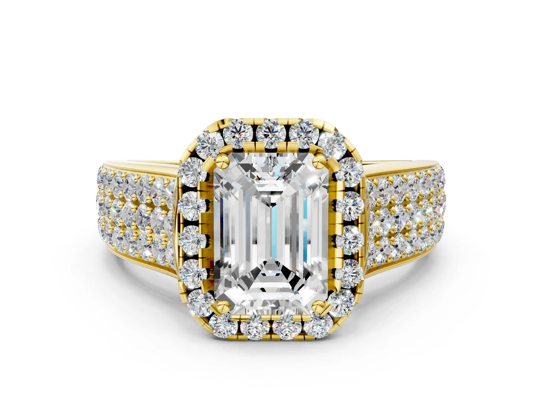 Yellow gold Emerald Halo Round Diamond Pave Band with Prong Setting_26