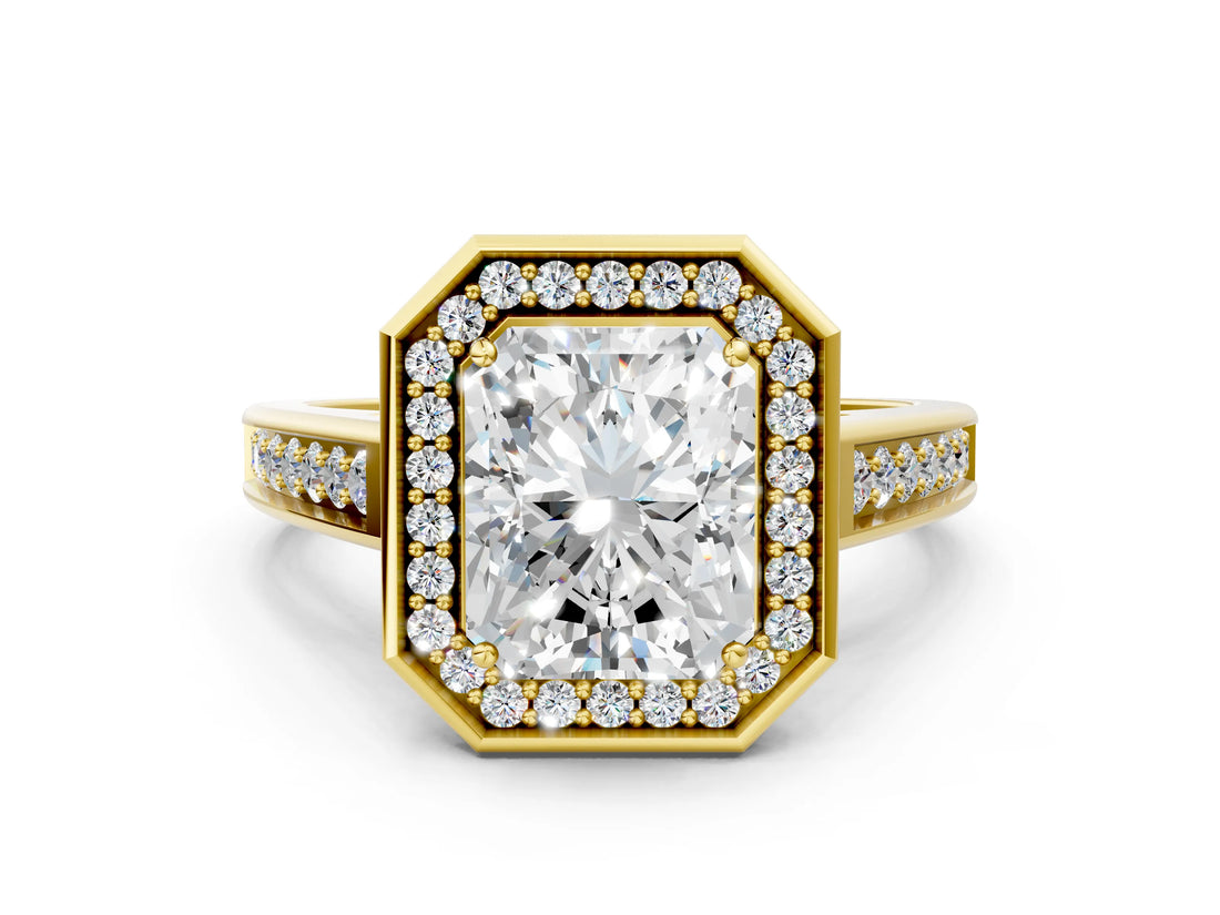 Yellow gold Emerald Halo Solitaire Diamond Ring with Pave Band and Bezel Setting_48