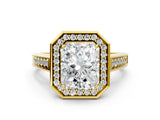 Yellow gold Emerald Halo Solitaire Diamond Ring with Pave Band and Bezel Setting_48