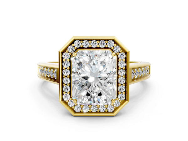 Yellow Gold Emerald Cut Metal-Rim Halo Engagement Ring Setting with Pave Band