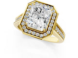 Yellow gold Emerald Halo Solitaire Diamond Ring with Pave Band and Bezel Setting_49