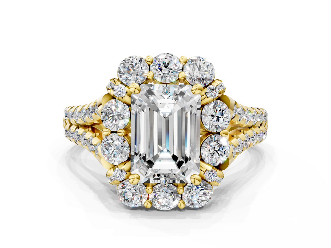 Yellow gold Emerald Halo Split Shank Diamond Engagement Ring with Pave Band and Four-Prong Setting_52