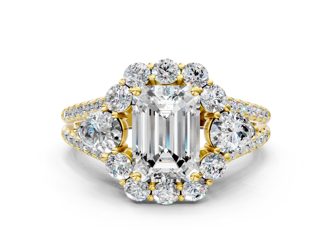 Yellow gold Emerald Halo Split Shank Diamond Engagement Ring with Prong Setting_19