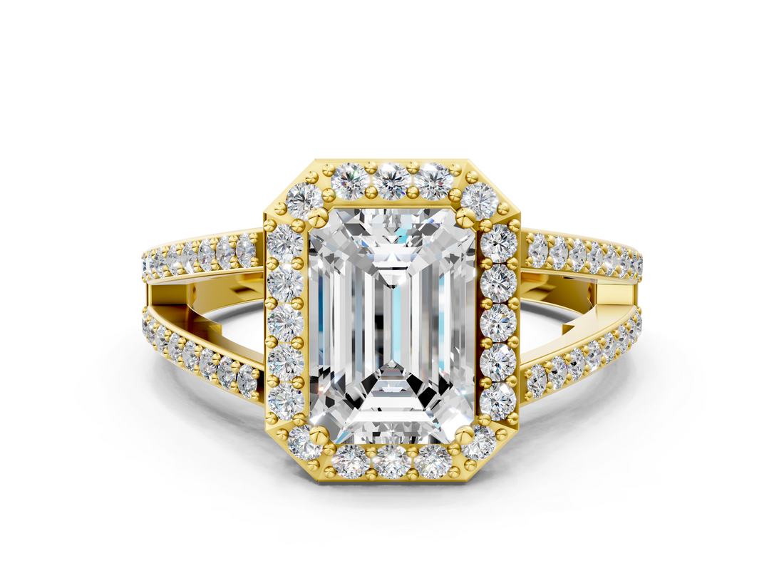 Yellow gold Emerald Halo Split Shank Diamond Ring with Four-Prong Setting_36
