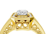 Yellow gold Emerald Halo Split Shank Diamond Ring with Milgrain Prong Setting_10