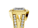 Yellow gold Emerald Halo Split Shank Diamond Ring with Milgrain Prong Setting_11