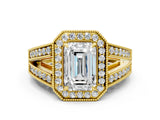 Yellow gold Emerald Halo Split Shank Diamond Ring with Milgrain Prong Setting_6