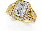 Yellow gold Emerald Halo Split Shank Diamond Ring with Milgrain Prong Setting_7