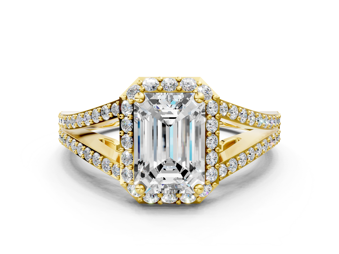 Yellow gold Emerald Halo Split Shank Diamond Ring with Prong Setting_20