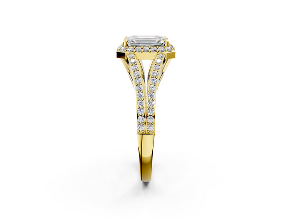 Yellow gold Emerald Halo Split Shank Diamond Ring with Prong Setting