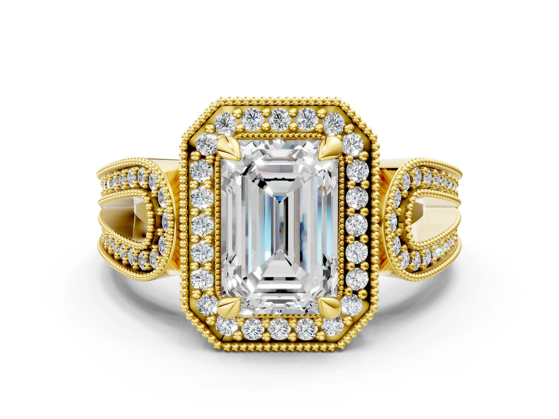 Yellow gold Emerald Halo Split Shank Milgrain Diamond Ring_18