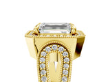 Yellow gold Emerald Halo Split Shank Milgrain Diamond Ring_23