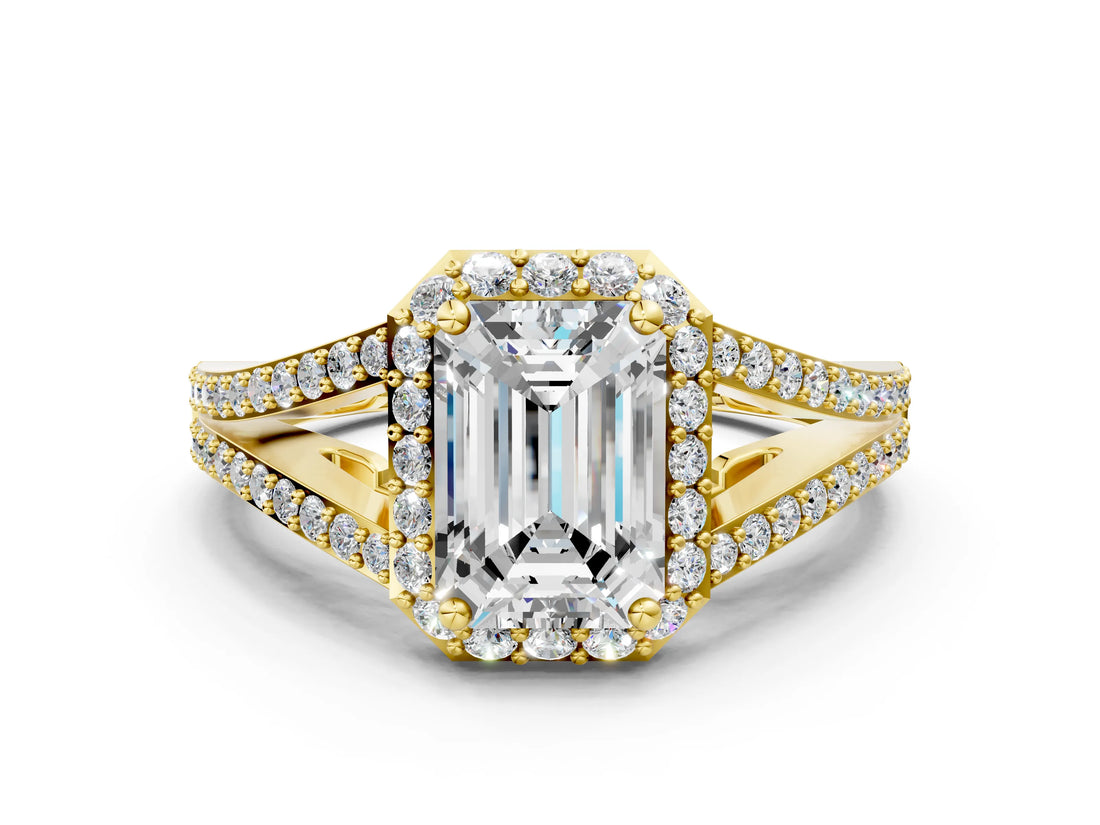 Yellow gold Emerald Halo Split Shank Pave Diamond Ring with Four-Prong Setting_47
