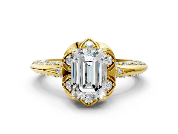 Yellow gold Emerald Halo Split Shank Pave Diamond Ring with Petal Prong Setting