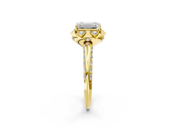 Yellow gold Emerald Halo Split Shank Pave Diamond Ring with Petal Prong Setting