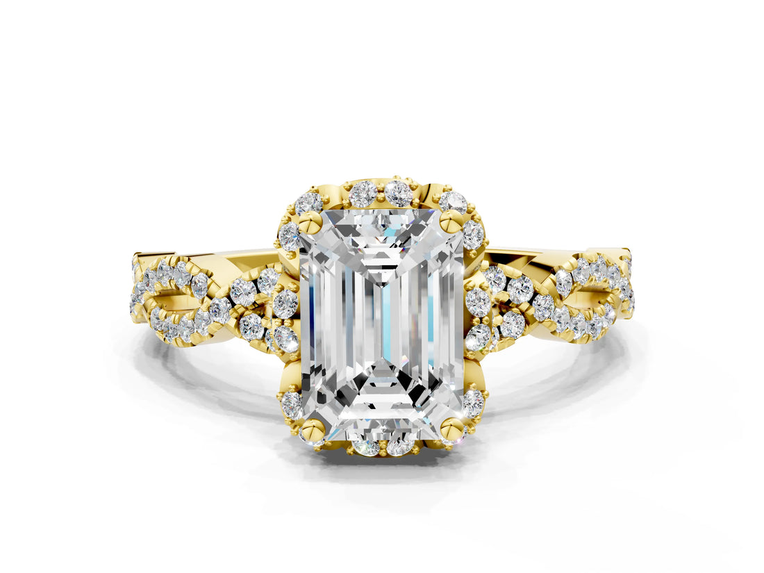 Yellow gold Emerald Halo Twist Band Solitaire Ring with Six-Prong Setting_32