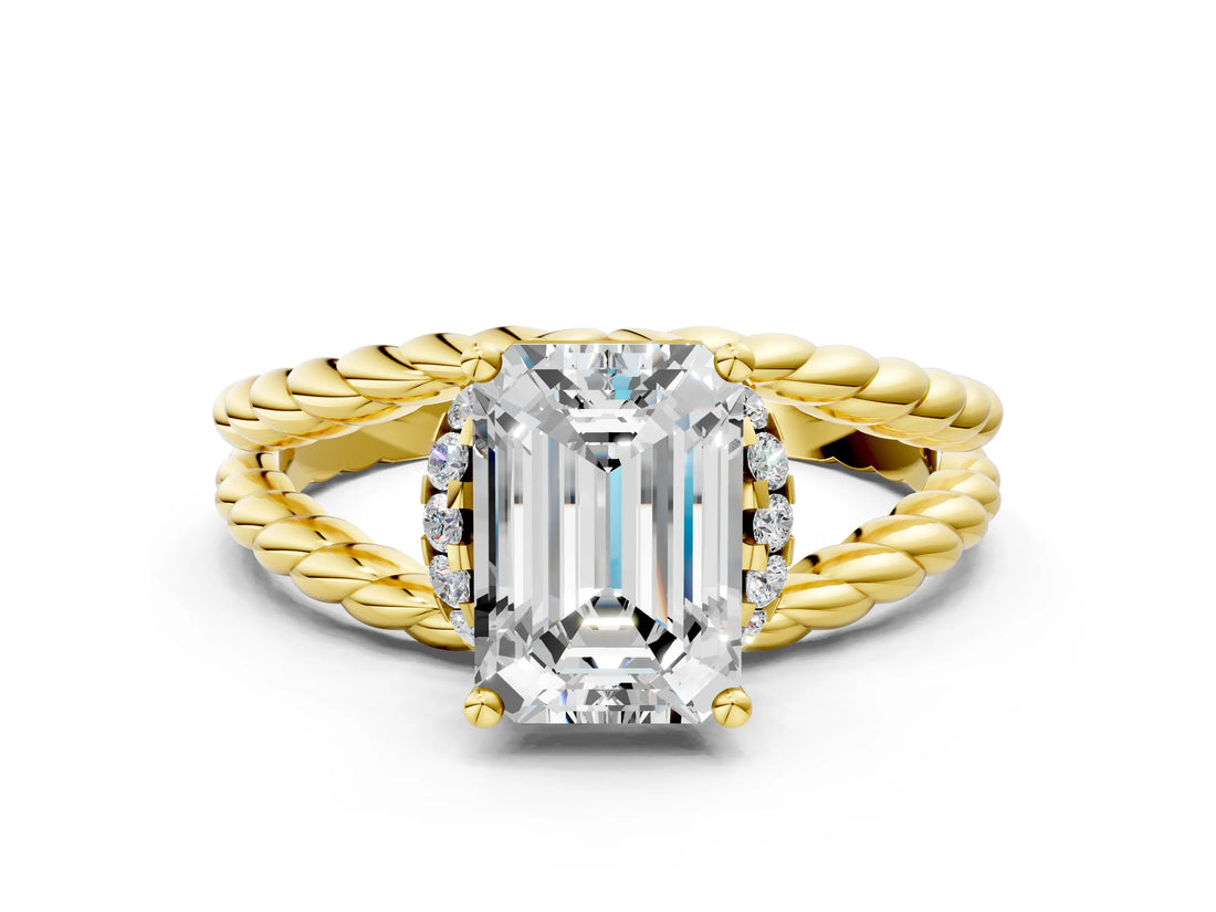 Yellow gold Emerald Halo Twisted Band Four-Prong Ring_52
