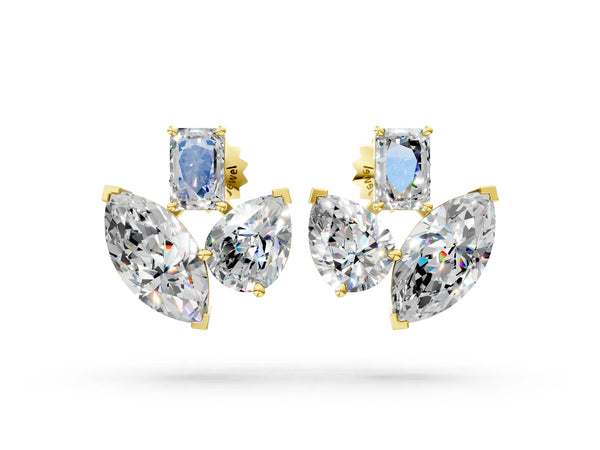 Yellow gold Emerald, Marquise and Pear Diamond Mosaic Three Stone Fan Earrings