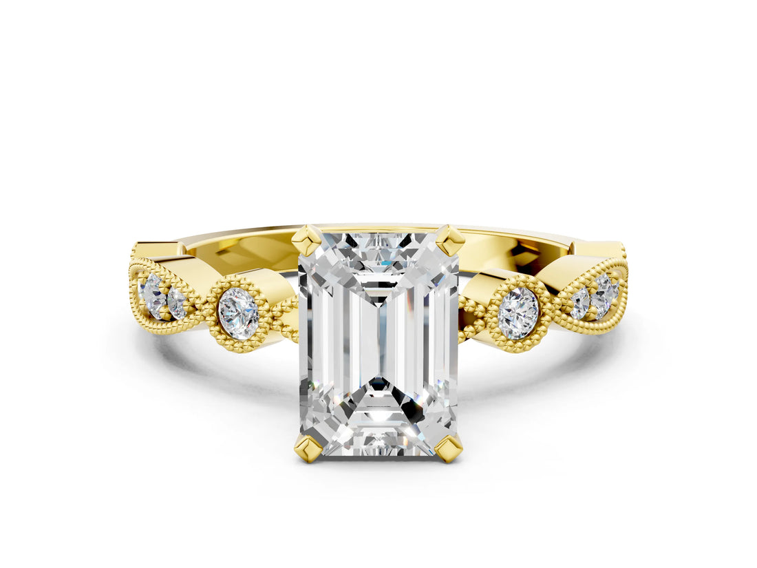 Yellow gold Emerald Milgrain Bezel Diamond Engagement Ring with Solitaire Prong Setting_187