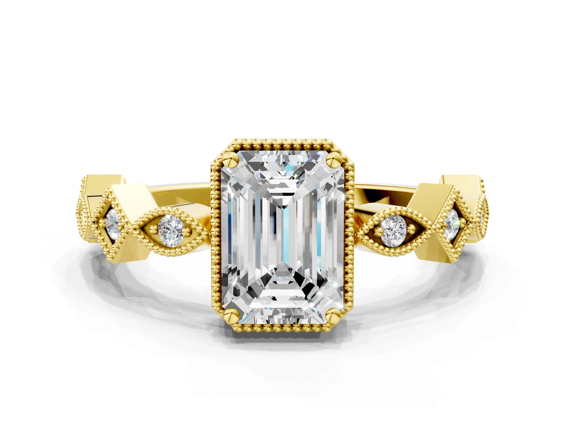 Yellow gold Emerald Milgrain Marquise Diamond Twist Band Ring_38