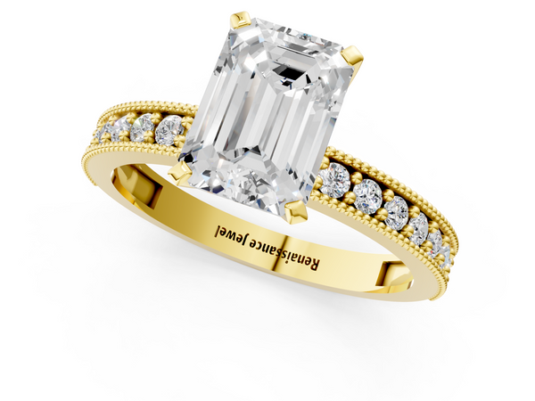 Yellow gold Emerald Cut Diamond Milgrain Pavé Engagement Ring with Four-Prong Setting