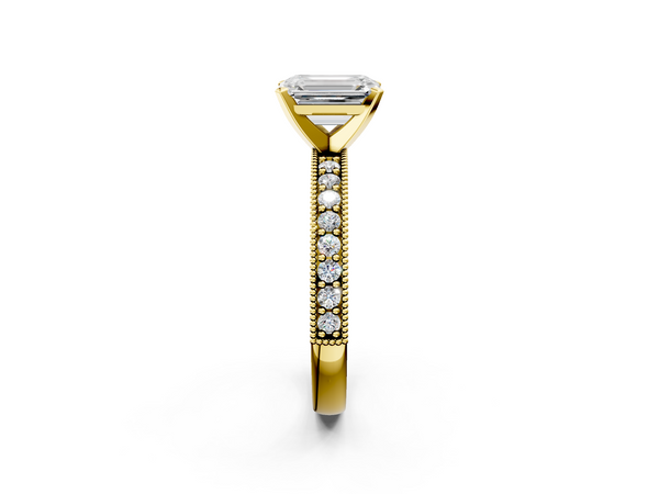 Yellow gold Emerald Cut Diamond Milgrain Pavé Engagement Ring with Four-Prong Setting