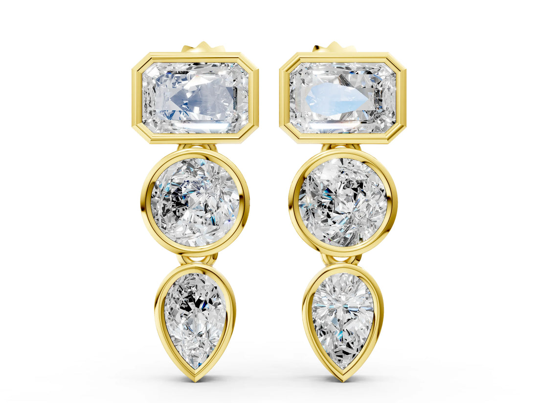 Yellow gold Emerald, Round and Pear Diamond Bezel Drop Earrings_8