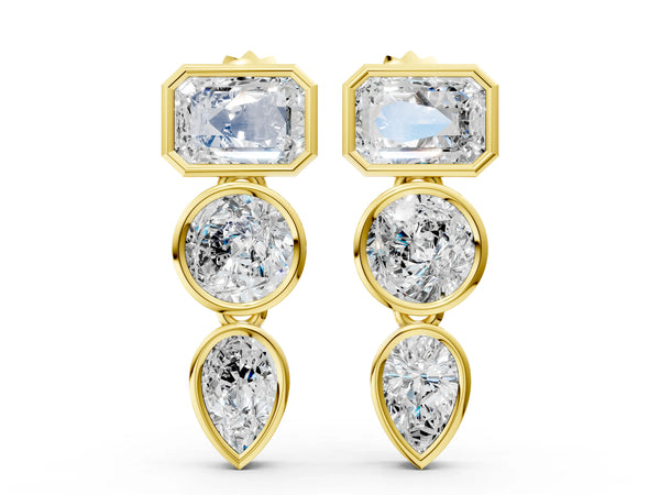 Yellow gold Emerald, Round and Pear Diamond Bezel Drop Earrings