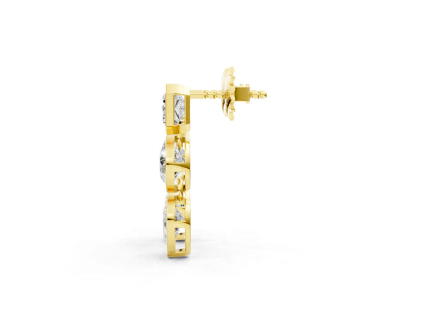 Yellow gold Emerald, Round and Pear Diamond Bezel Drop Earrings
