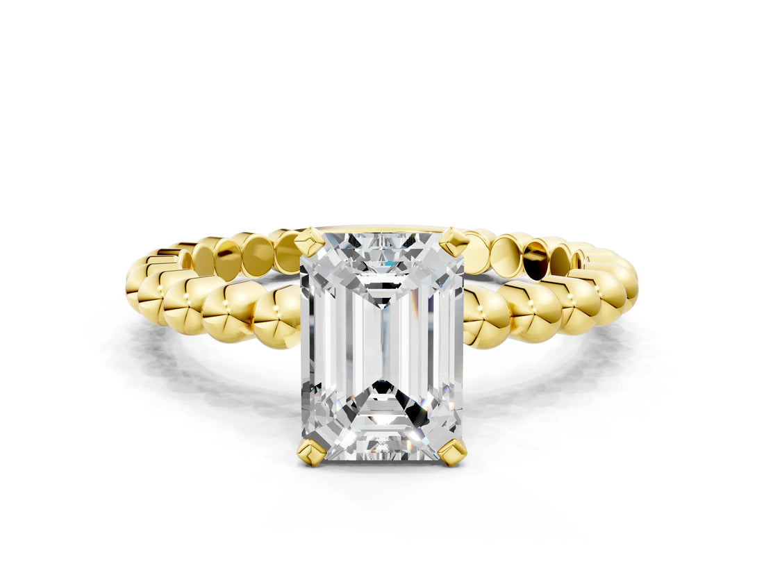 Yellow gold Emerald Solitaire Beaded Band Prong Setting Ring
