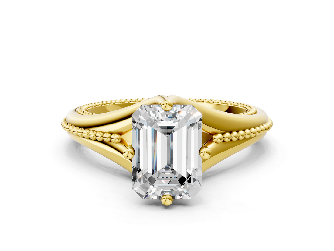 Yellow gold Emerald Solitaire Beaded Band Six-Prong Setting_4