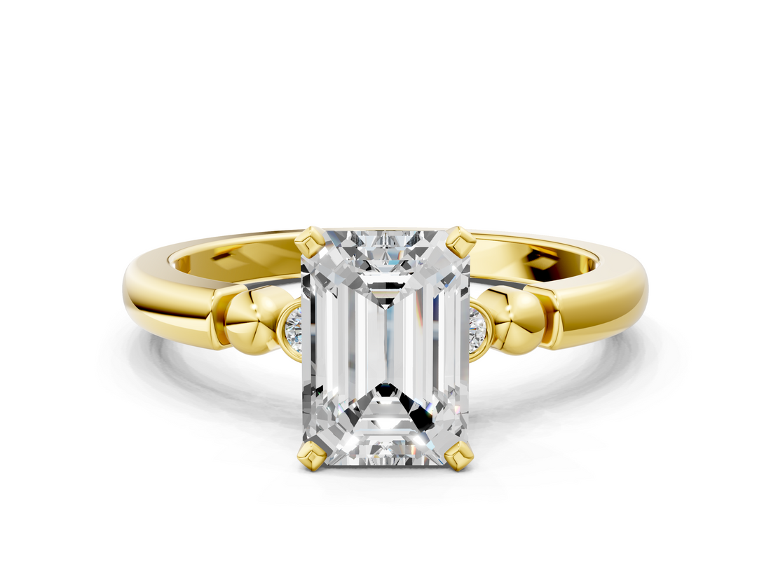Yellow gold Emerald Solitaire Beaded Band with Four-Prong Setting_63