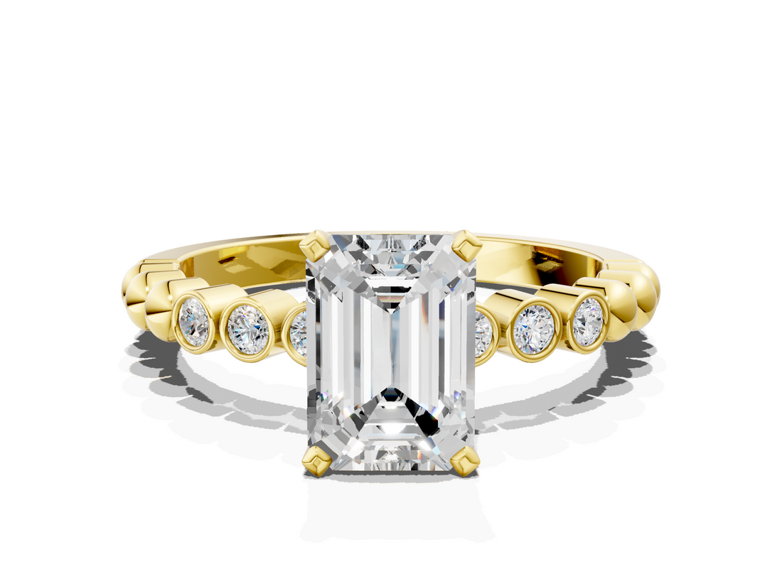 Yellow gold Emerald Solitaire Bezel Accent Diamond Engagement Ring with Beaded Band and Four-Prong Setting_65