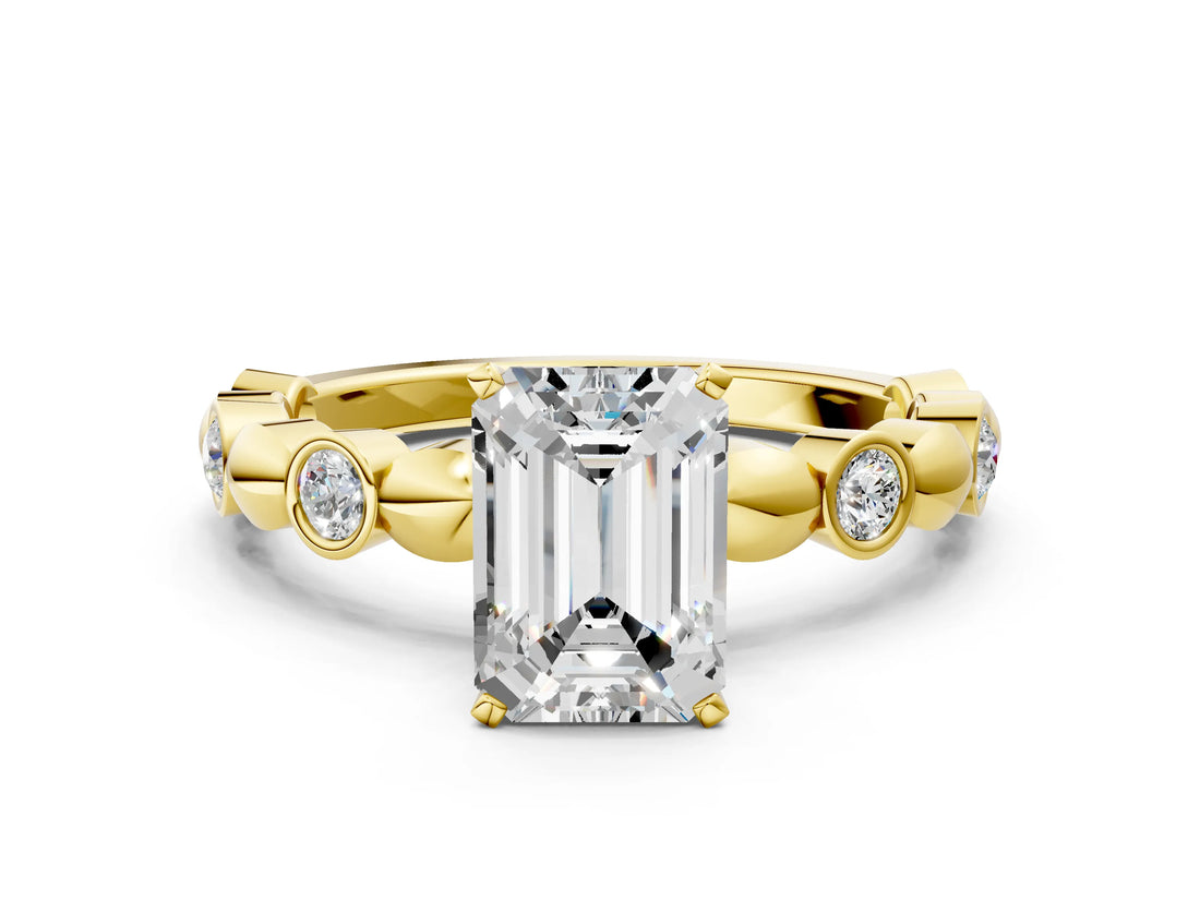 Yellow gold Emerald Solitaire Bezel-Set Diamond Ring with Beaded Band and Four-Prong Setting_47