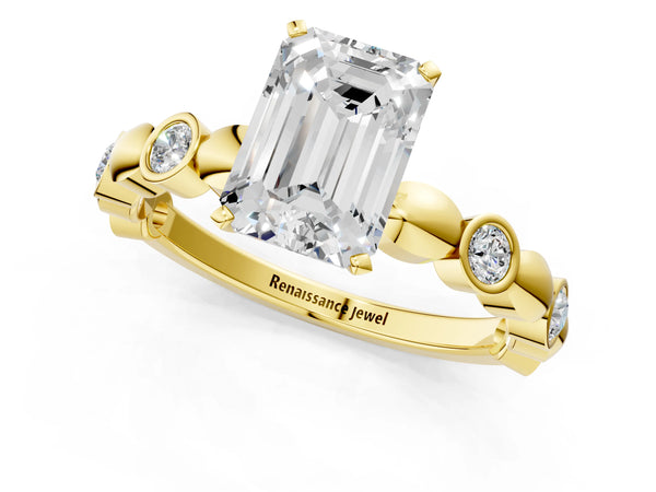 Yellow Gold Emerald Cut Engagement Ring Setting with Bezel Station Beaded Band