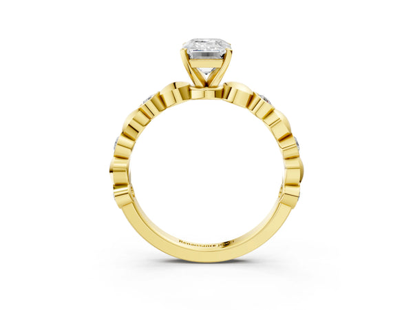 Yellow Gold Emerald Cut Engagement Ring Setting with Bezel Station Beaded Band