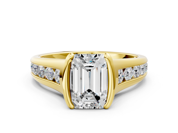 Yellow Gold Emerald Cut Half Bezel Engagement Ring Setting with Graduated Channel Set Accents