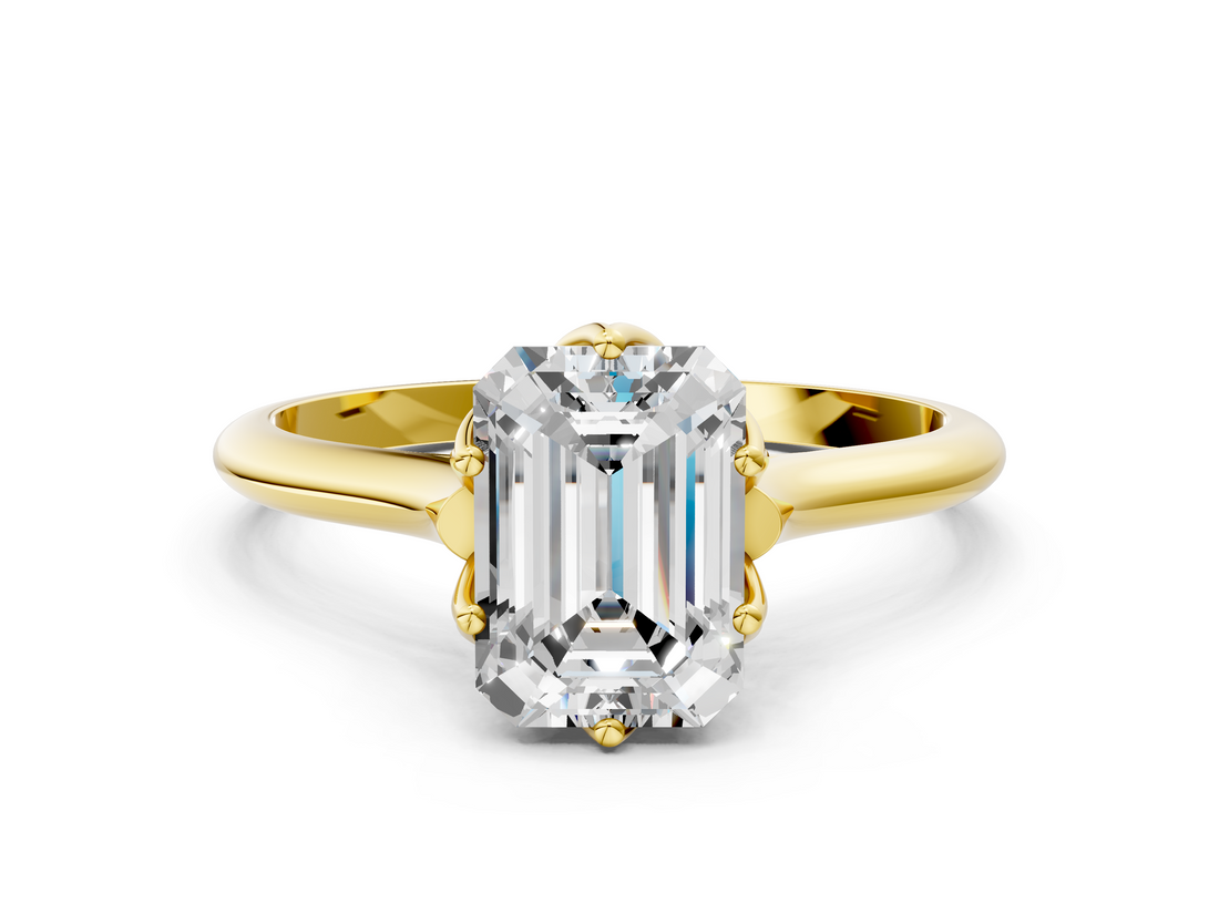 Yellow gold Emerald Solitaire Cathedral Diamond Ring with Six-Prong Setting_24