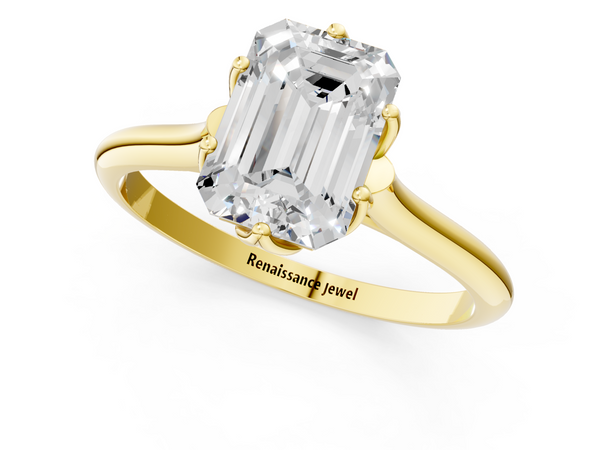 Yellow gold Emerald Solitaire Cathedral Diamond Ring with Six-Prong Setting