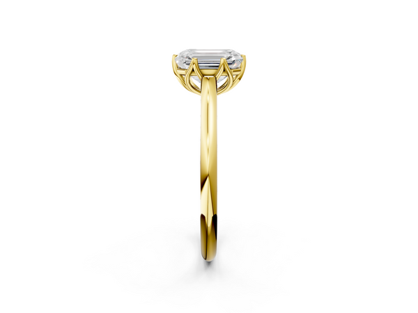 Yellow gold Emerald Solitaire Cathedral Diamond Ring with Six-Prong Setting