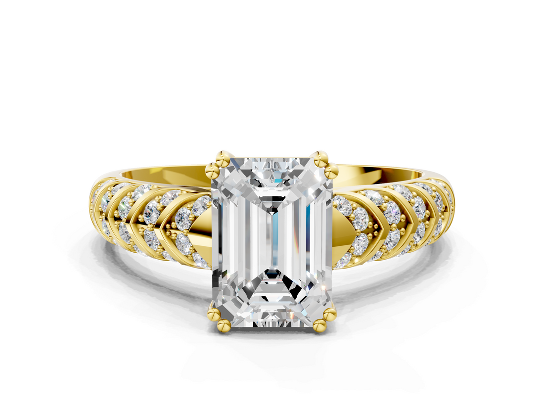 Yellow gold Emerald Solitaire Chevron Pave Diamond Engagement Ring with Six-Prong Setting_3