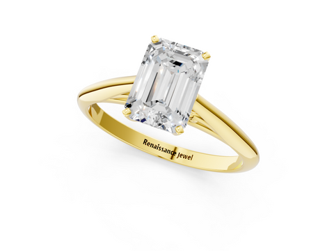 Yellow gold Emerald Solitaire Diamond Engagement Ring with Cathedral Setting and Four-Prong Mount on a Classic Band_205
