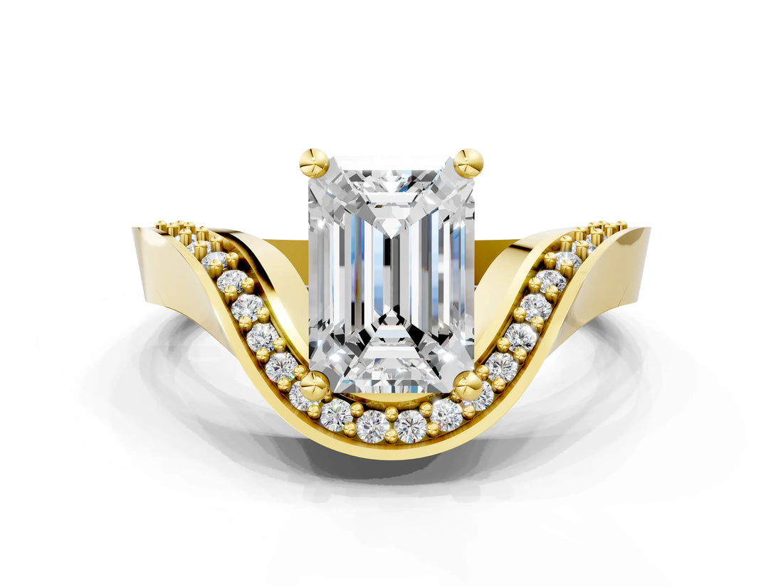 Yellow gold Emerald Solitaire Diamond Engagement Ring with Pave Band and Four-Prong Setting 1