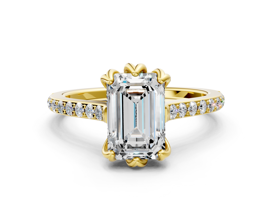Yellow gold Emerald Solitaire Diamond Engagement Ring with Pave Band and Six-Prong Setting_43