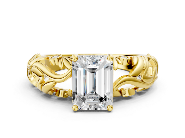 Yellow gold Emerald Cut Solitaire Diamond Leaf-Inspired Vine Band Ring with Prong Setting