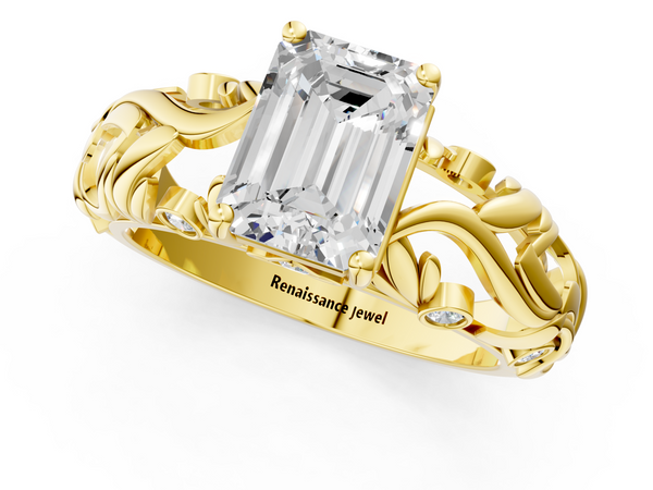 Yellow gold Emerald Cut Solitaire Diamond Leaf-Inspired Vine Band Ring with Prong Setting